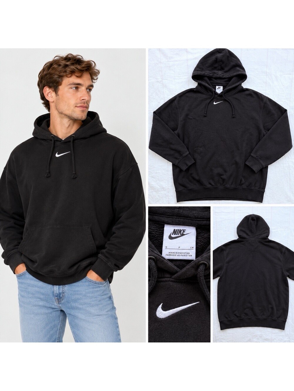 Nike Center Swoosh Hoodie Men’s Black Pullover Vintage Style Sweatshirt Small S